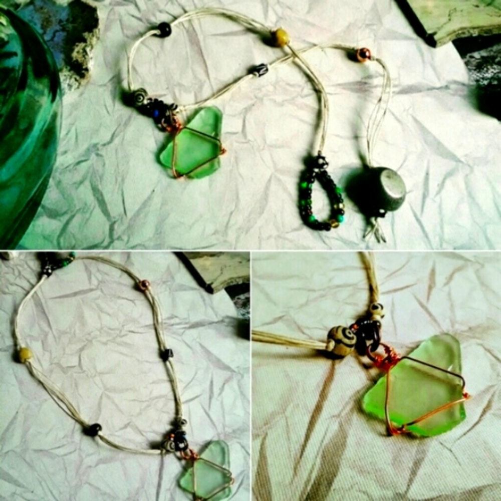 Handmade Sea Glass & Beaded Hemp Choker Necklace